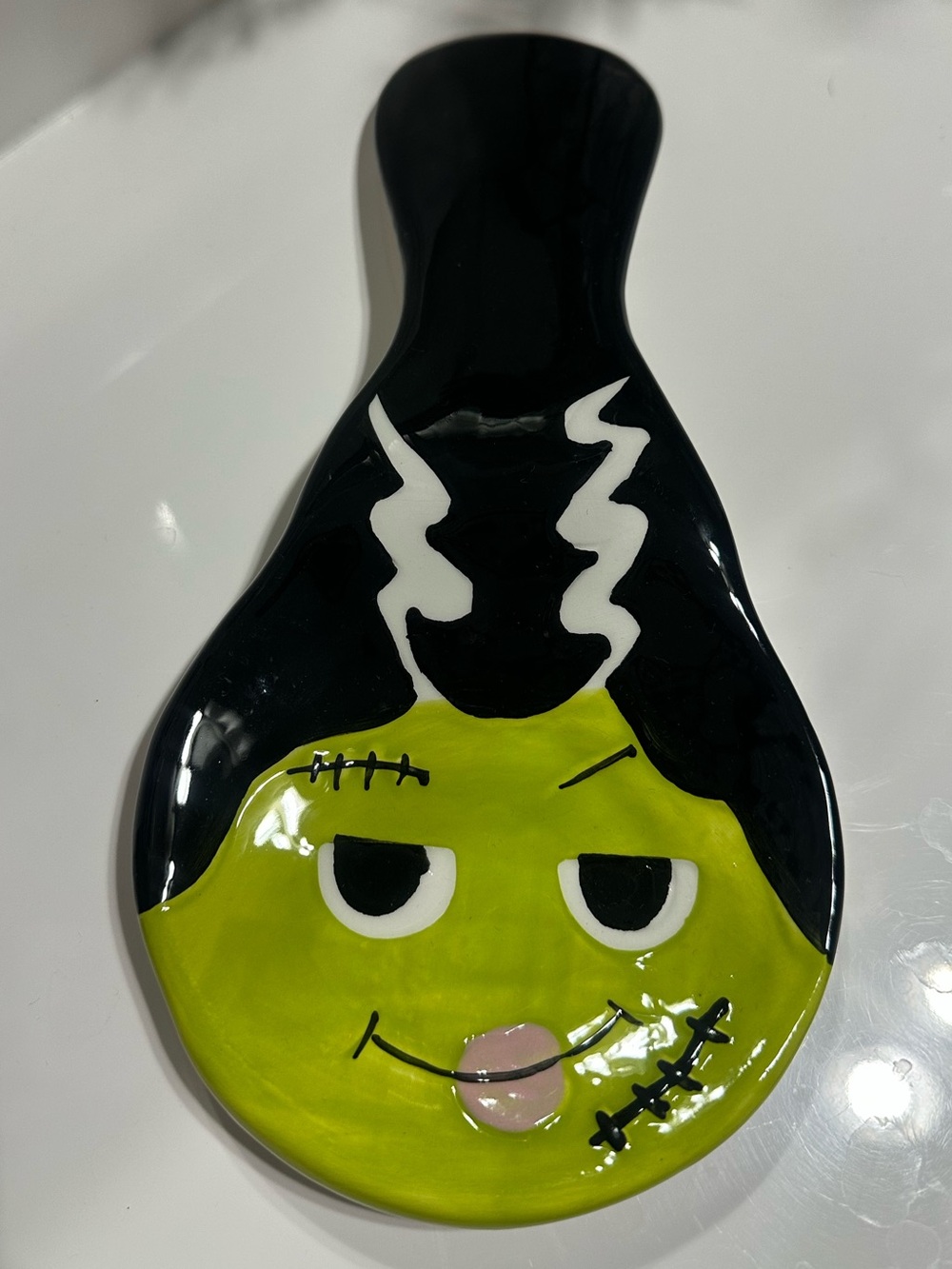 Blue Harbor Halloween Bride of Frankenstein Ceramic Spoon Rest Green Black - Picture 2 of 4